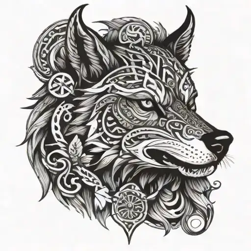A devilish interpretation of a Viking wolf with dark and eerie blackwork details tattoo design idea