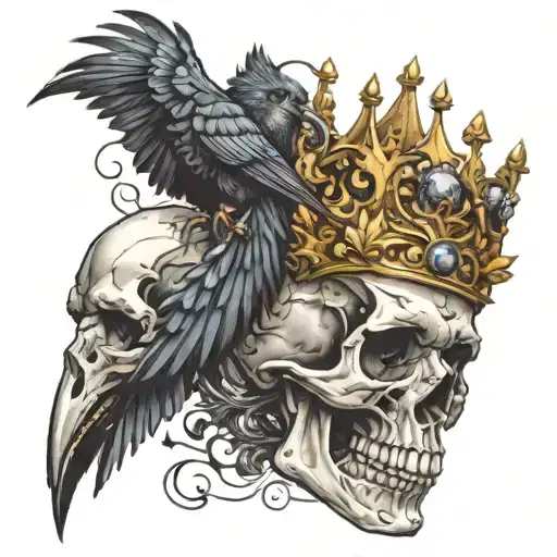 skull, crown, crow perched on top tattoo design idea