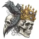 skull, crown, crow perched on top tattoo design idea