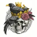 skull, crown, crow perched on top tattoo design idea