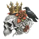 skull, crown, crow perched on top tattoo design idea