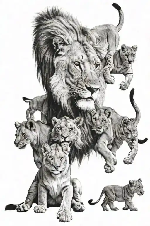 lion with lioness and four cubs playing tattoo design idea