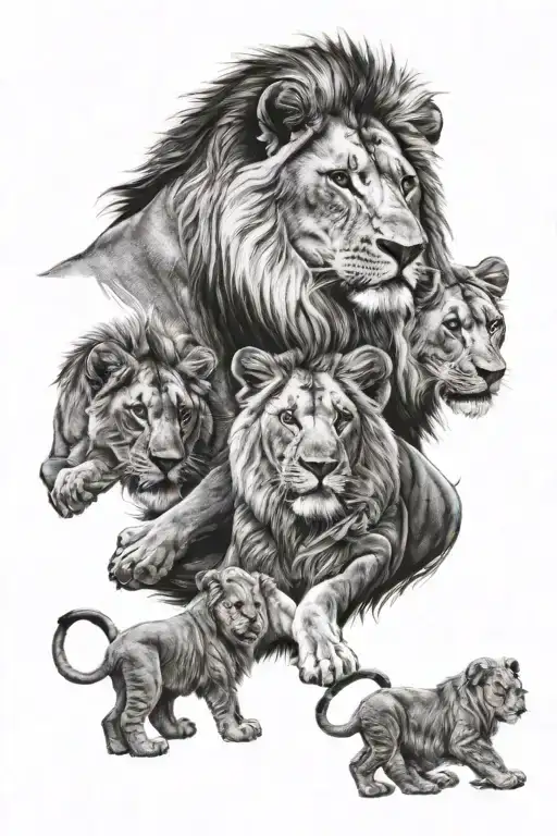 lion with lioness and four cubs playing tattoo design idea
