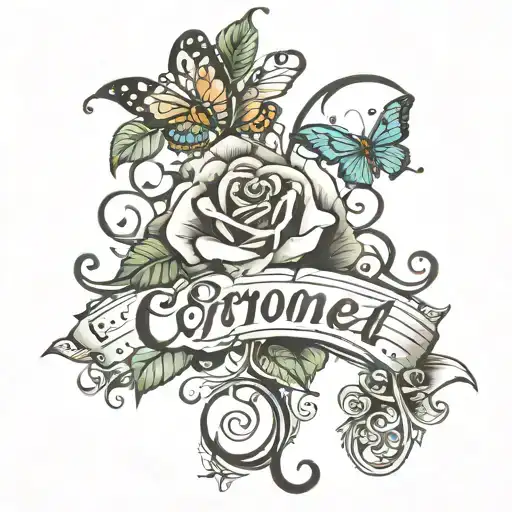 name "Coronel" in cursive with treble clef as the "C" roses and butterflies around it  tattoo design idea