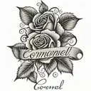 name "Coronel" in cursive with roses around it tattoo design idea