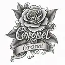 name "Coronel" in cursive with roses around it tattoo design idea