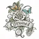 name "Coronel" in cursive with treble clef as the "C" roses and butterflies around it  tattoo design idea