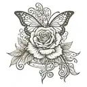 name "Coronel" in cursive with treble clef as the "C" roses and butterflies around it  tattoo design idea