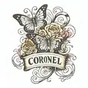 name "Coronel" in cursive with treble clef as the "C" roses and butterflies around it  tattoo design idea