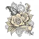 name "Coronel" in cursive with treble clef as the "C" roses and butterflies around it  tattoo design idea