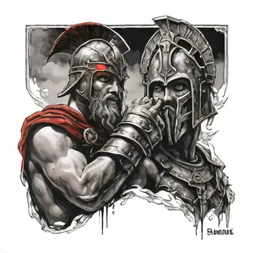 gladiator and god holding red eyes  tattoo design idea