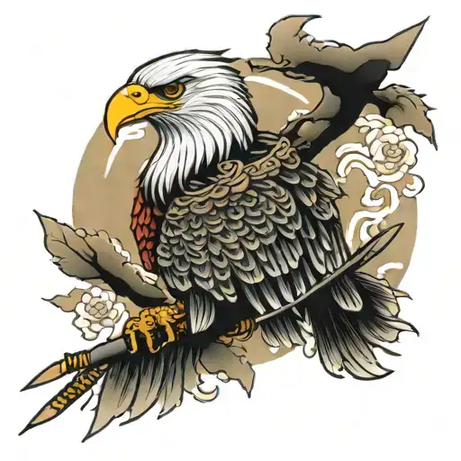 katana on eagle soaring hart shaped 2023 surronded tattoo design idea