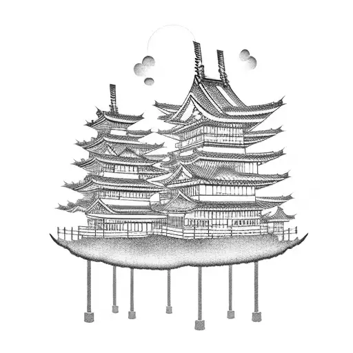 Floating cloud castle in a traditional Japanese landscape tattoo design idea