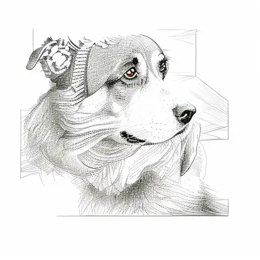 a drawing of a dog with glowy eyes and a halo on its head tattoo design idea