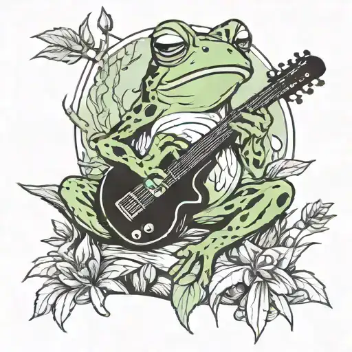 frog playing guitar in nature scene tattoo design idea