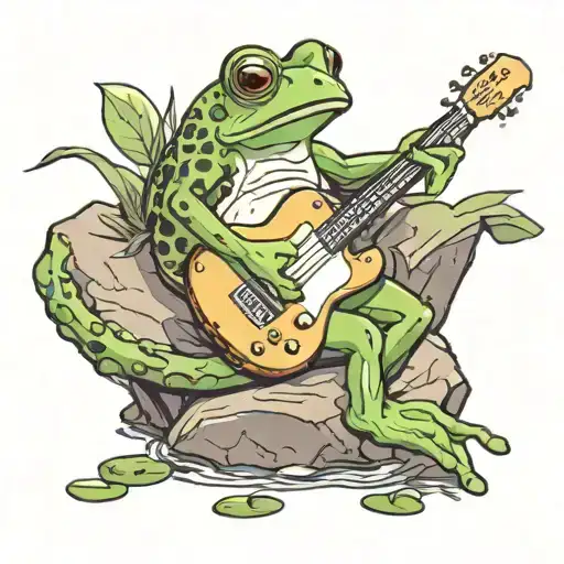 frog playing guitar on a rock in a pond  tattoo design idea
