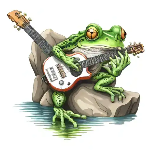 frog playing guitar on a rock in a pond  tattoo design idea