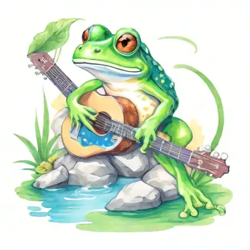 frog playing guitar on a rock in a pond  tattoo design idea