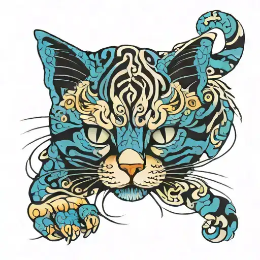 feline camouflage pattern blue psychedelic line tattoo design idea