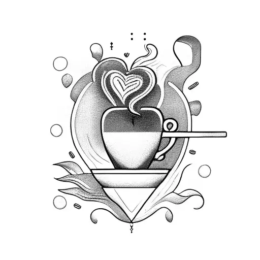 A coffee cup with a heart-shaped handle, surrounded by marketing symbols and phrases tattoo design idea