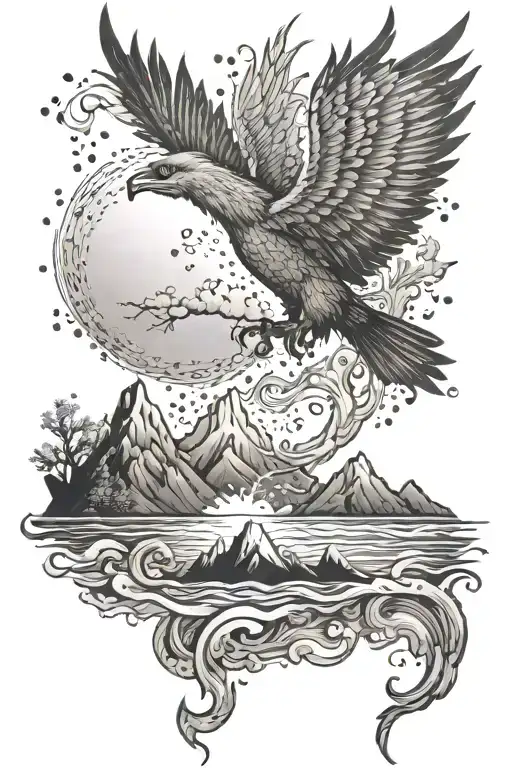 mountain beach ocean phoenix rising tattoo design idea