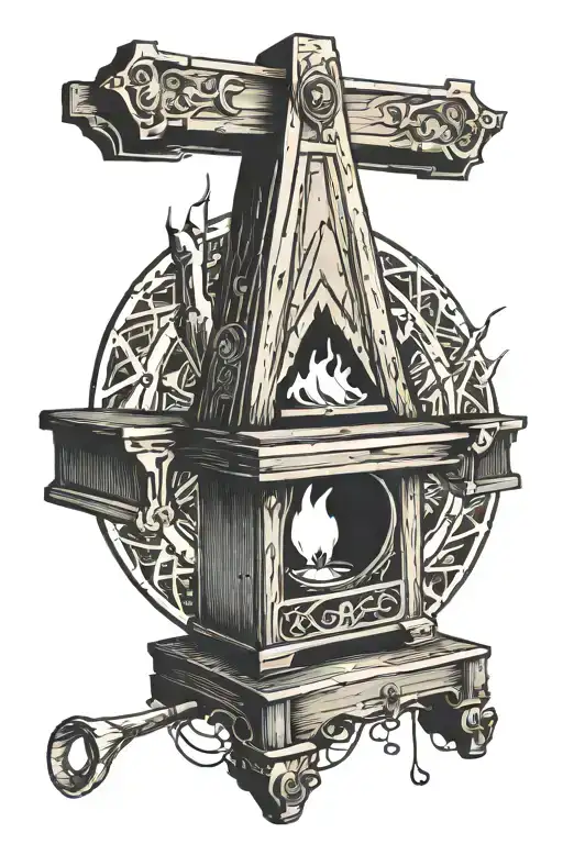 incorporate a guillotine that's on fire in old school style with woodcut tattoo design idea
