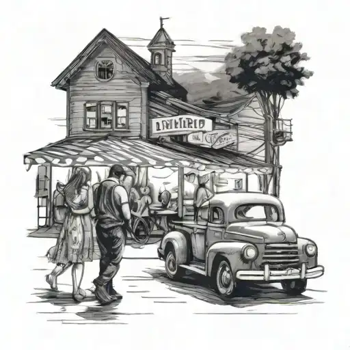 car parked at farmers market with couple dancing on the side at night  tattoo design idea