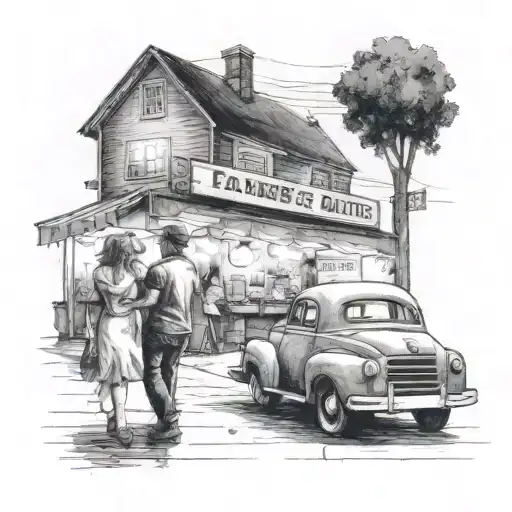 car parked at farmers market with couple dancing on the side at night  tattoo design idea