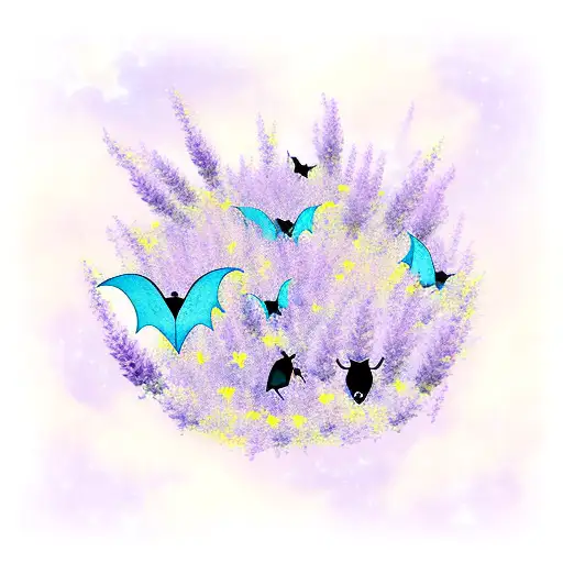 A lavender field with bats flying under a starry sky tattoo design idea