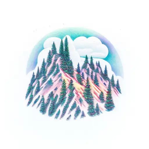 sunrise above mountain ridge with clouds and forest tattoo design idea