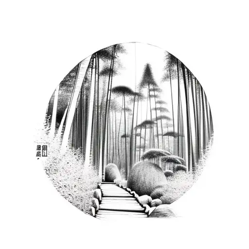 a mossy earth trail leads through the bamboo forest into the mountains tattoo design idea
