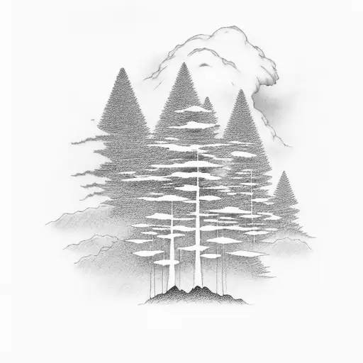 trees standing in mist surrounded by japanese clouds tattoo design idea