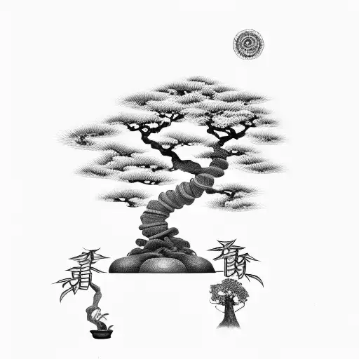 one big circular spiraling mandala around japanese bonsai tree  tattoo design idea