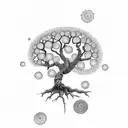 fine dotwork spiral mandala around tree tattoo design idea