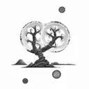 fine dotwork spiral mandala around tree tattoo design idea