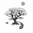 fine dotwork spiral mandala around tree tattoo design idea