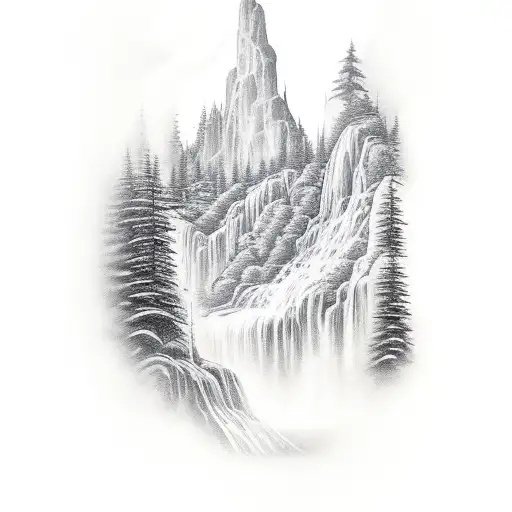 A traditional tattoo of a serene waterfall surrounded by lush greenery tattoo design idea