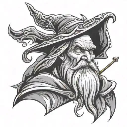 evil wizard without hat with magic wand tattoo design idea