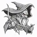 evil wizard without hat with magic wand tattoo design idea