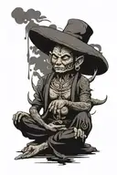 A samuri with a hat on meditating in front of a temple during a thundserstorm with lightning tattoo design idea