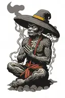 A samuri with a hat on meditating in front of a temple during a thundserstorm with lightning tattoo design idea