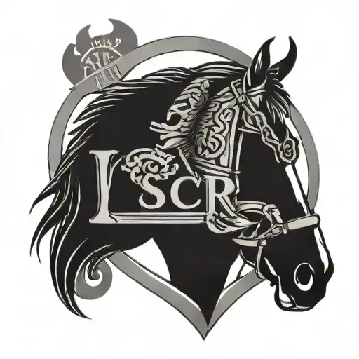 the letters SCR with a horse Maine for s a horseshoe for c and a barn for r tattoo design idea