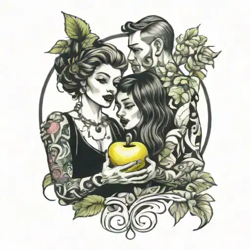 two people sharing an apple tattoo design idea