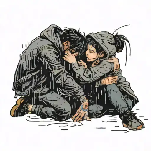 two people hugging in the rain while crouching  tattoo design idea