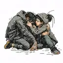 two people hugging in the rain while crouching  tattoo design idea