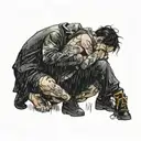 two people hugging in the rain while crouching  tattoo design idea