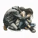 two people hugging in the rain while crouching  tattoo design idea