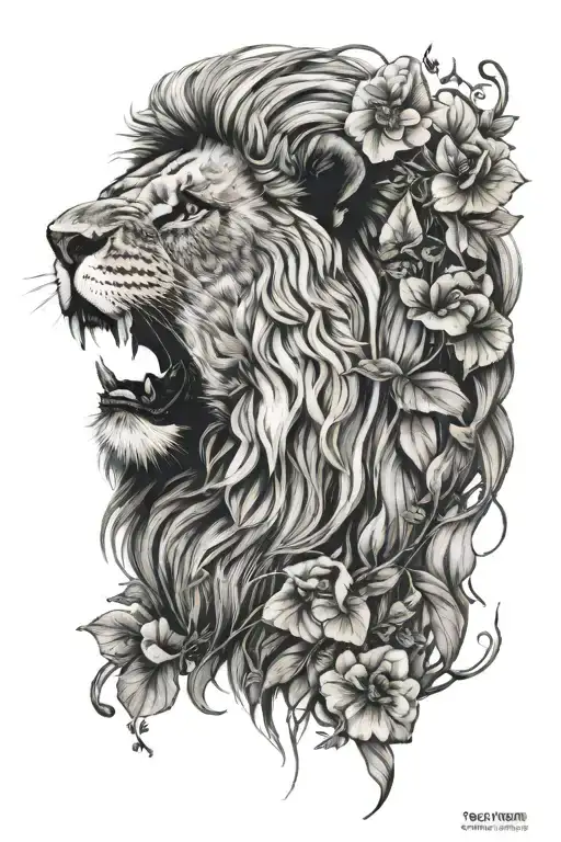 one black and white lion head with minimal coloured flowers and vines going down and thinning out   tattoo design idea