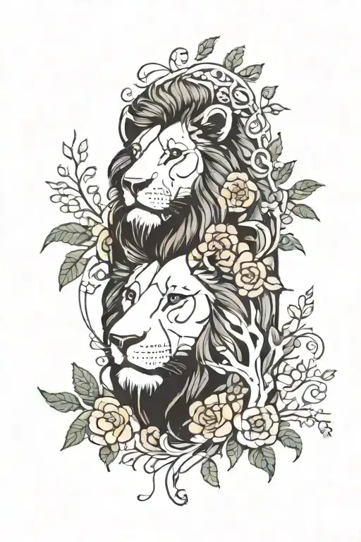 black and white lion with minimal coloured flowers and vines around it.  tattoo design idea