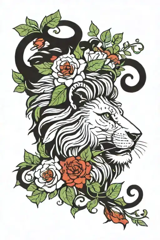 black and white lion with minimal coloured flowers and green vines around it.  tattoo design idea